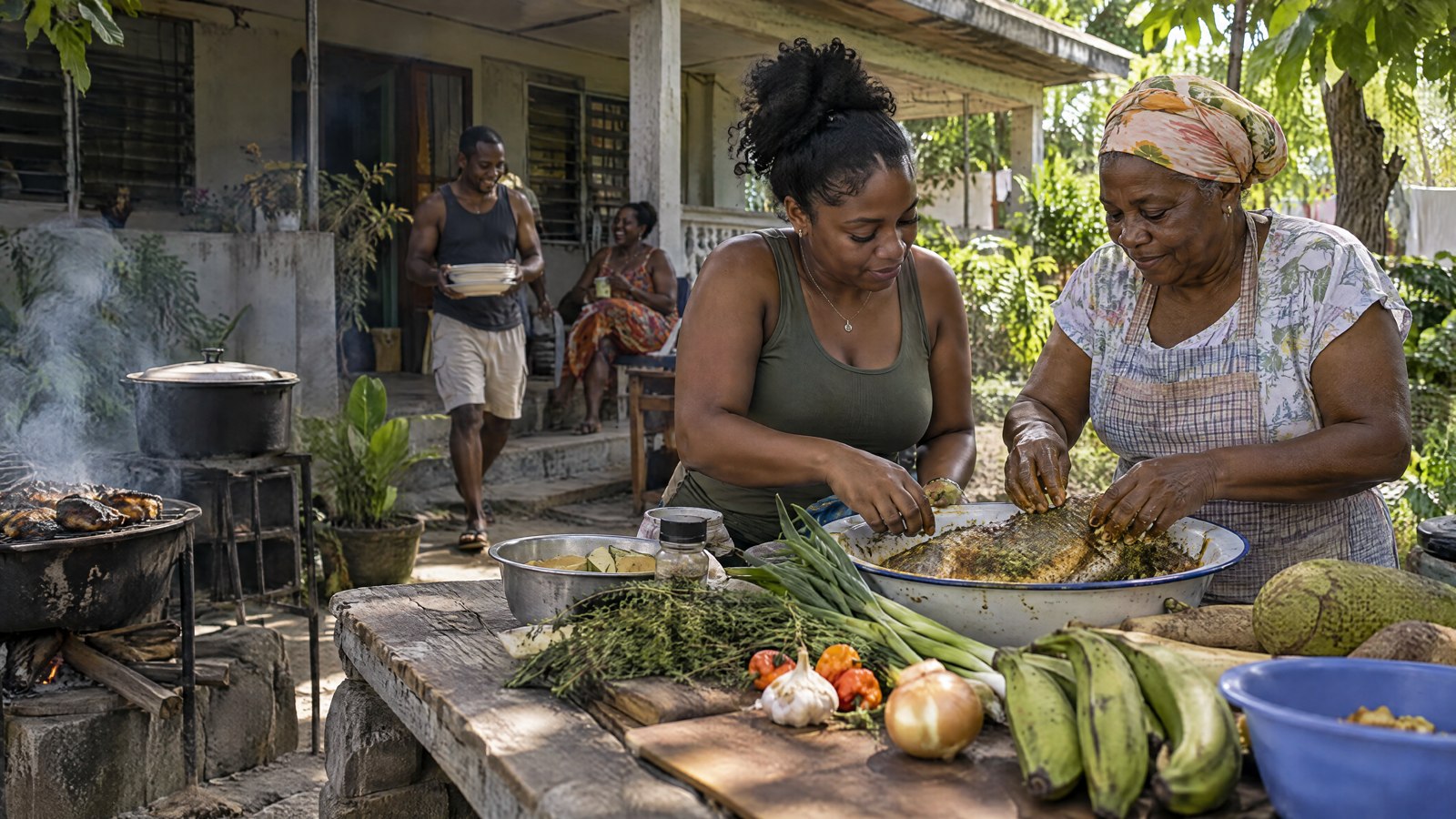 Two generations preparing Jamaican food together at an outdoor table